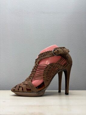 All Saints Brown Leather Woven Ankle Strap Heels Size 39
